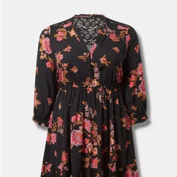 Torrid Mini Challis Shirt Dress Black Pink Floral Flowy Rayon Plus Size 2X 2 - Picture 3 of 12